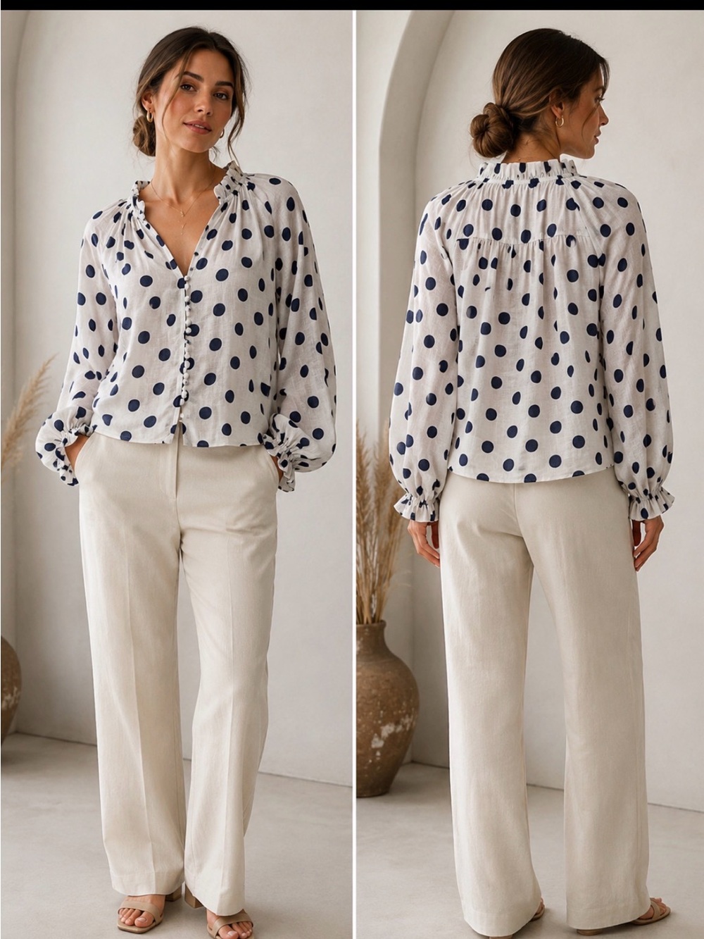 Anthropologie Maeve Cream Blouse with Navy Polka Dots